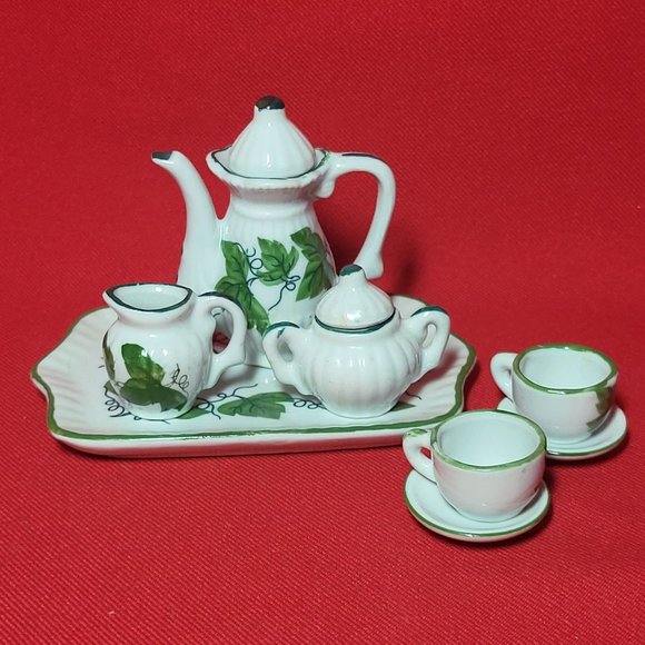 VTG Miniature Teapot Set Ivy Green Leaves 10 Pc - Picture 6 of 15